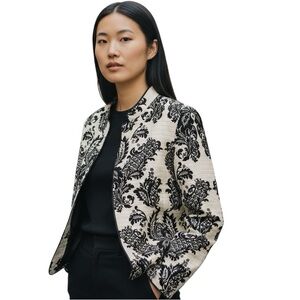 Silk‎ Linen Blazer Jacket Open Front Mandarin Unique Pattern Black Beige Nexx  L